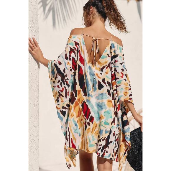 Anthropologie Printed Stappy Beaded Neck Tie Oversized Beach Mini Coverup Dress - Picture 3 of 14